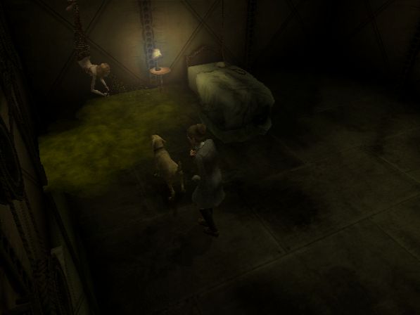 The second boss encounter takes place against a "mermaid", a woman tied up from her legs that drops down from the ceiling to vomit all over the place.