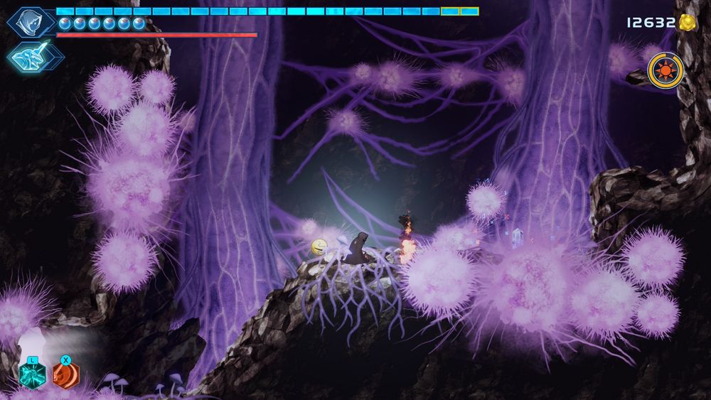 The protagonist (a cloaked person) and Puck sit near a campfire inside a large tree. There are a bunch of purple spores scattered around.