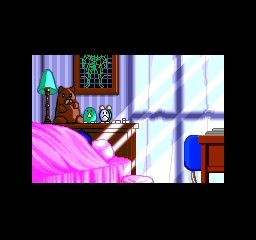The game begins with Yuko sleeping in her bedroom. On the wall above her is a framed picture of the box art of Browning, which has a green wireframe robot on it