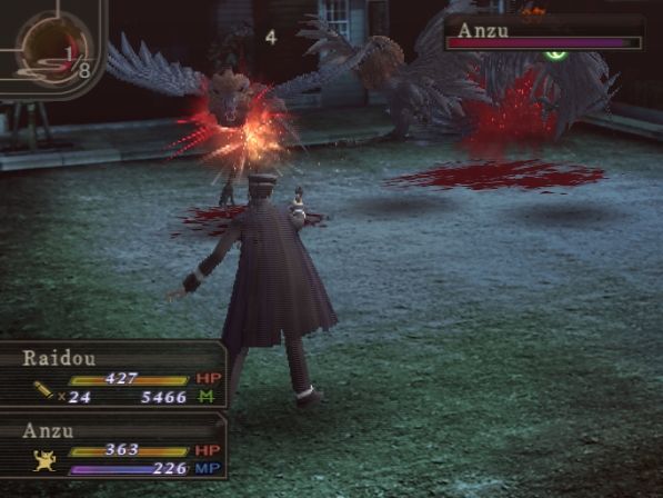 Raidou pulls out his gun against a group of Anzu (a blue flying demon with a lion head)