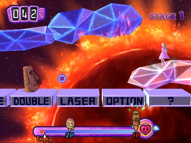 The Gradius stage has you fighting on the power-up bar from that game. Here, a moai shoots a projectile at Ricca-chan