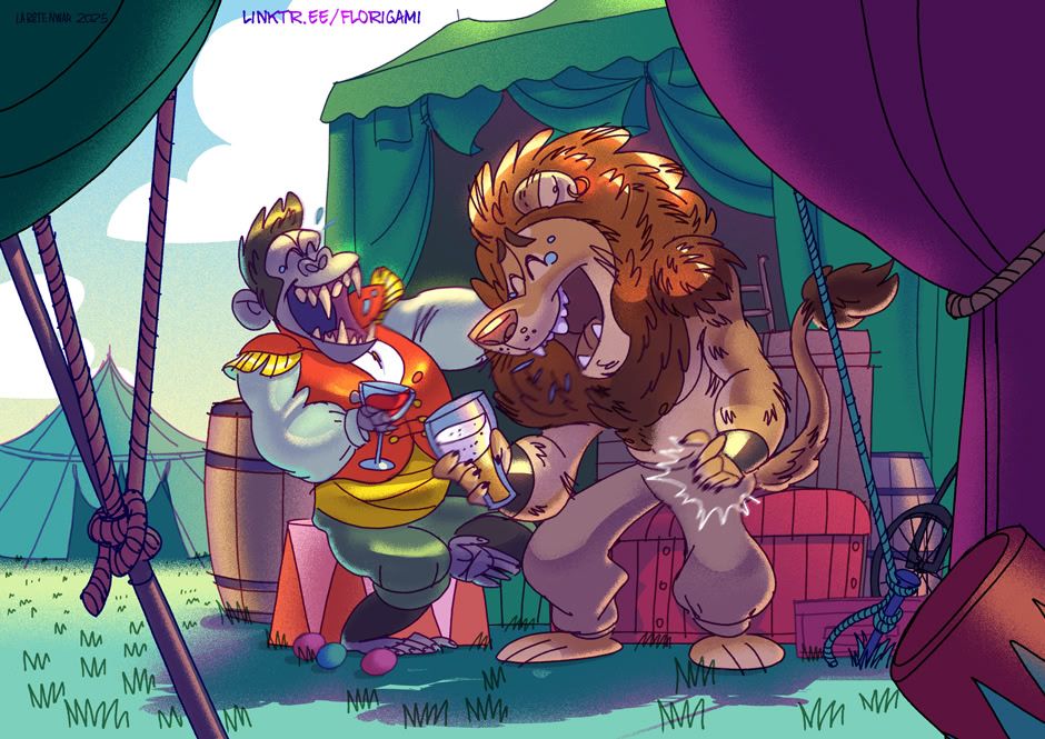 A picture of a Ringmaster gorilla and a big lion laughing and drinking together while sitting on and in the middle of Circus clutter. Art by @labetenwar.bsky.social.