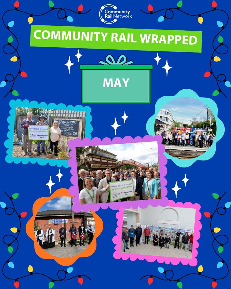 Colourful graphic on a deep blue background with Christmas lights around the border of the page. The Community Rail Network logo is at the top, underneath which is text in a green box that reads 'Community Rail Wrapped'. Centred around a green present in the middle (with 'May' written on it) are five colourful photo frames, containing photos illustrating the written content of this post.