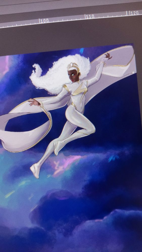 Enquadramento da Tempestade voando e disparando raios (esses ainda não presentes na ilustração ~)