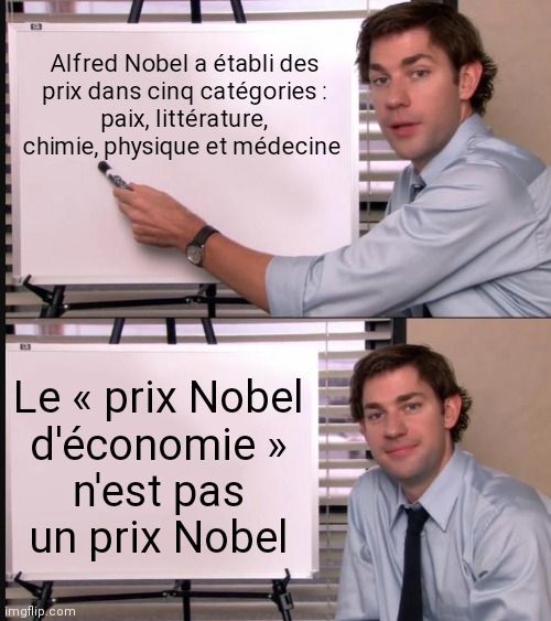 Alfred Nobel a établi des prix dans cinq catégories : paix, littérature, chimie, physique et médecine.
Le « prix Nobel d'économie » n'est pas un prix Nobel.