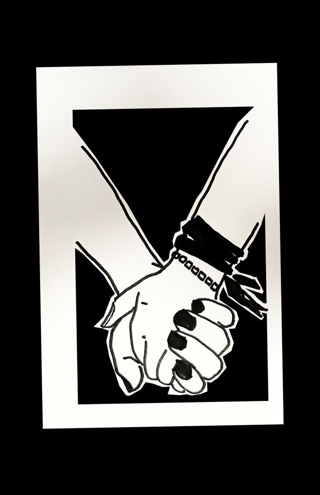 A drawing of two hands clasped. 