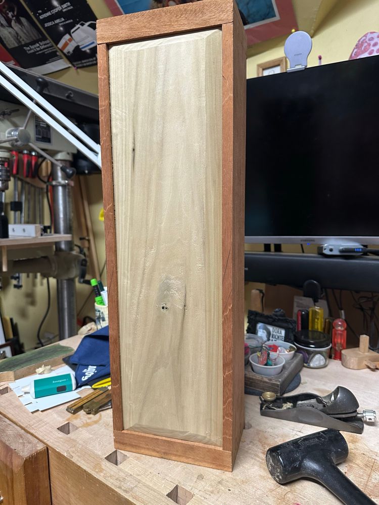 A view of the drawknifed and jack-planed back panel of poplar  