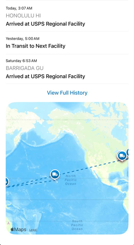 Screenshot of my tracking app, showing the package bouncing around Ohio and new England before making it to Guam, and now heading back to the mainland via Hawaii 