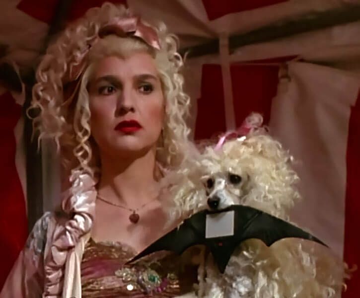 Screenshot from Batman Returns where Poodle Lady is standing with Poodle who has batarang in mouth. Icon. 