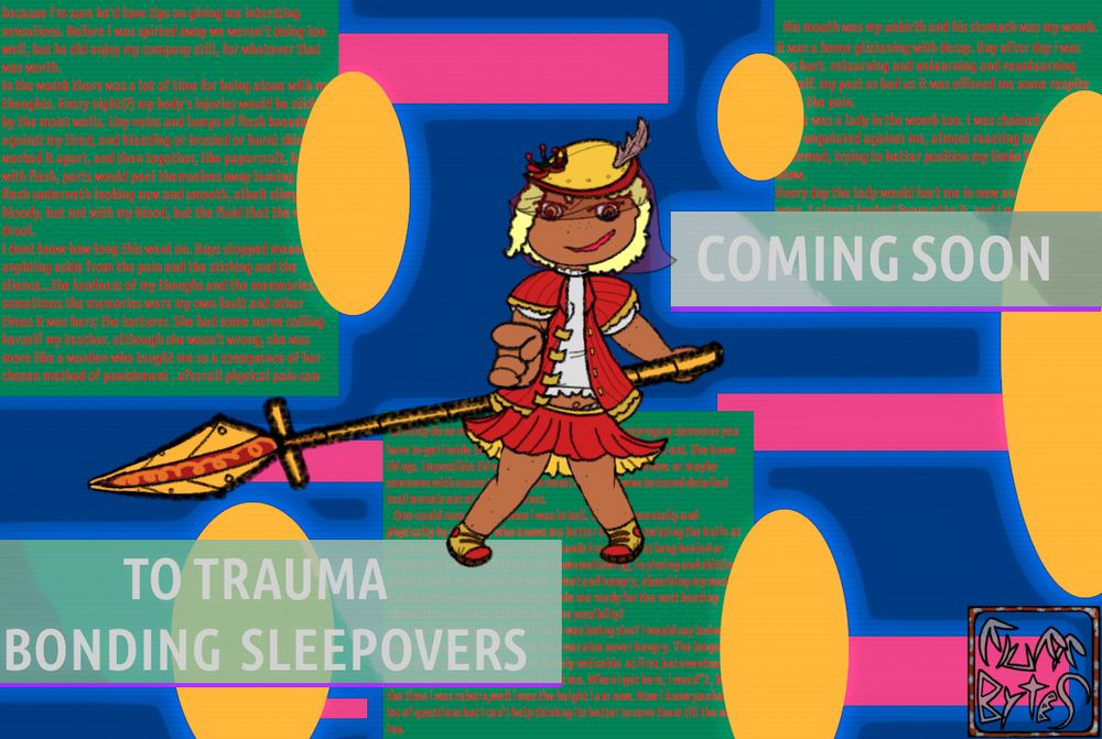 A black loli in a red and gold trim outfit. a tricone hat with a red veil and a feather shaped bone sticking out. a red jacket thats open with a offwhite blouse underneath. a red pleated skirt with a gold undertrim. a pair of flat athletic sneakers. she's holding a huge fucking mostly gold spear with a spring in it and pogo stick footholds. her outfit is reminiscent of  a oldschool movie theater worker or hotel bellhop, but as a Victorian magical girl? she has a somewhat smug expression, with a wavvey mouth betraying a imperfect bravado. the background looks like a "coming soon to dvd" advert from the 90s,but instead it says "coming soon to trauma bonding sleepovers" 
a cleaner version than the first
there are words, semireadable, but some of the advert covers them up. however there are so many words they wont fit on this site's text character limit 