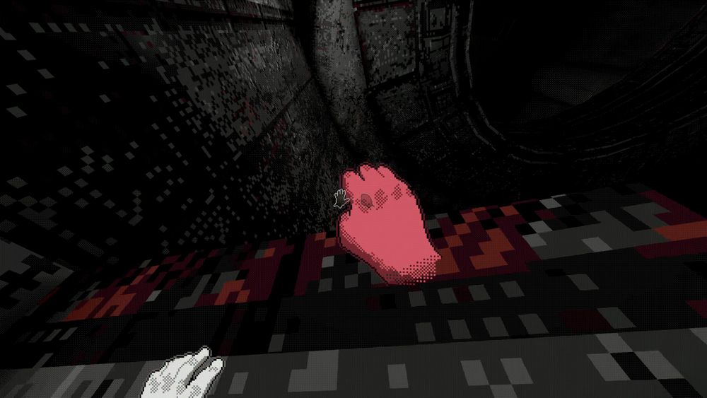 Un visuel en pixel art. Une main rouge et une main blanche grimpent une paroi en béton sombre. 