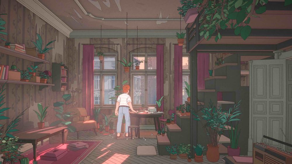Un dessin détaillé à la ligne claire. Le salon d'une grand appartement plein de plantes vertes. Un personnage roux en jean clair et t-shirt blanc se tient devant la fenêtre.