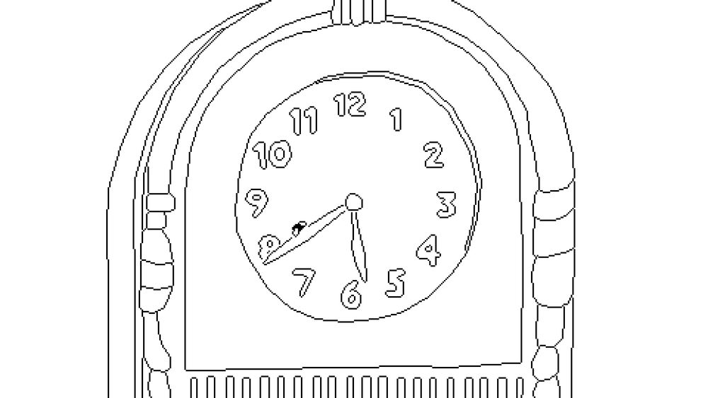 Une horloge dessinée sous Paint, en noir et blanc. Une mouche est posée sur la grande aiguille.