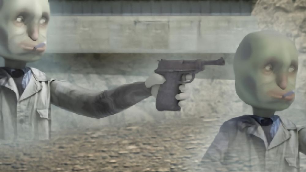 Deux personnages au visage gris-vert difforme, aux yeux exorbités, en veste de costume grise et nœud papillon. L'un braque un flingue derrière la tête de l'autre.