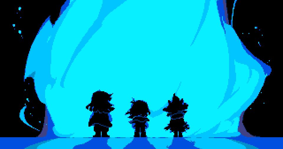 Trois silhouettes de personnages en pixel art regardent une grande flamme bleue.