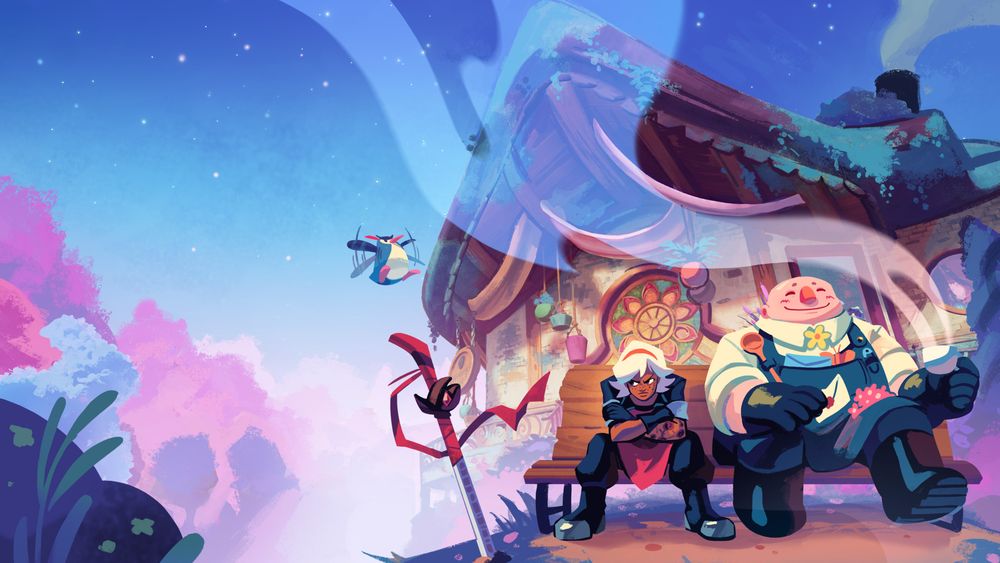 Un artwork de Wanderstop. La personnage principale du jeu est assise sur un banc, l'air renfrogné. Elle a les cheveux blancs, le teint halé, des tâches de rousseur et les cheveux blancs. À côté d'elle, un grand bonhomme en salopette et à l'air bienheureux boit une tasse de thé fumante. Derrière eux, il y a un salon de thé digne d'un conte de fée.