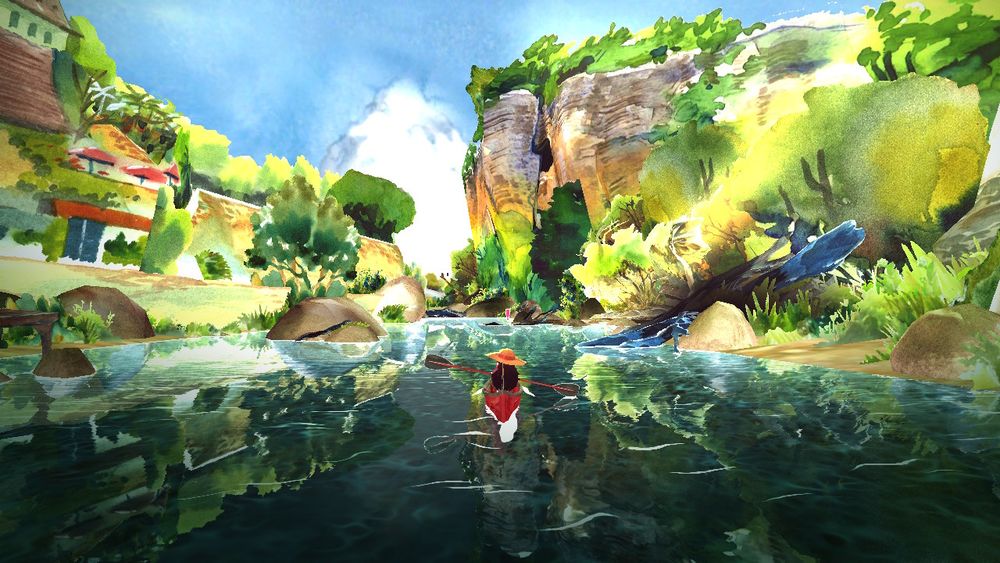 Un artwork du jeu vidéo Dordogne. Dans un style aquarelle peu détaillé, une femme chapeautée fait du canoë. Elle est vue de dos, entourée d'une paysage arboré et escarpé qui se reflète dans l'eau de la rivière qui, d'après mon sens aigu de la déduction, n'est pas le Tarn.