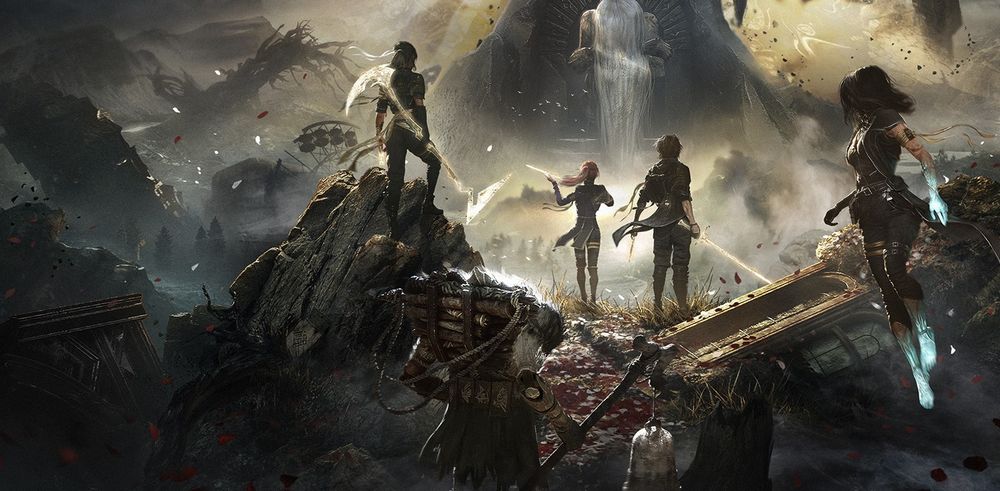 Un artwork à l'ambiance artistique à mi-chemin entre Final Fantasy et Elden Ring. Des personnages armés d'épée brillantes regardent vers un immense maitre yogi assis sur un trône à flanc de montagne. Les éléments sont déchaînés, le monde semble pris dans un raz-de-marée. 