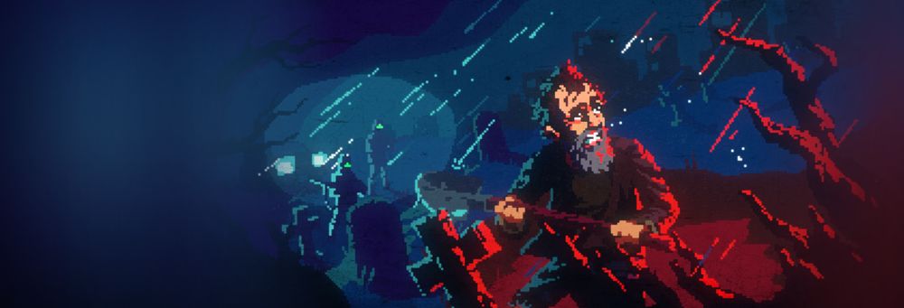Un artwork en pixel art. Un homme barbu et apeuré profane une tombe à grands coups de pelle. Derrière lui, dans la nuit, des hommes en tenues militaro-scientifiques s'avancent. Une lumière rouge tombée du ciel baigne le visage de l'homme et les branches biscornues des arbres. 