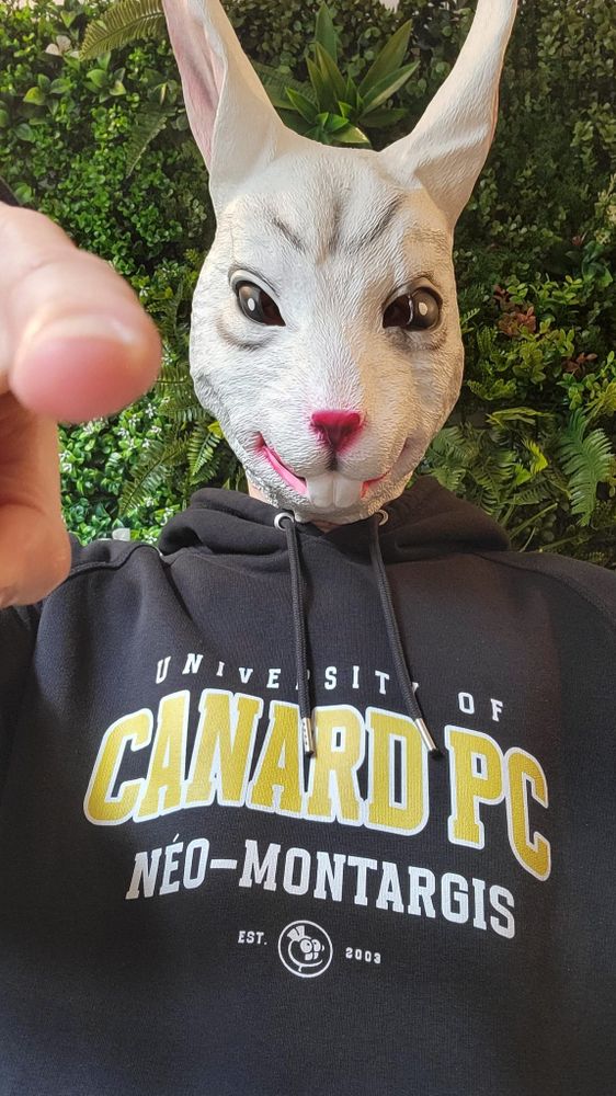 Un selfie d'une personne portant un masque de lapin qui pourrait servir à un braquage, habillé d'un magnifique hoodie Canard PC. Il pointe l'objectif du doigt l'air de dire « achète un sweat tout de suite, sinon je viendrai te grignoter les orteils dans ton sommeil ».