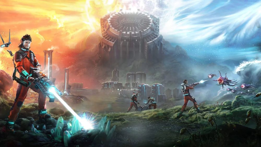Un artwork. Des personnages en combinaisons spatiales oranges étudient le sol, tirent sur des monstres ou minent des cristaux à l'aide d'un laser. Un gigantesque bâtiment occupe l'arrière plan et découpe le ciel orange et bleu en deux. 