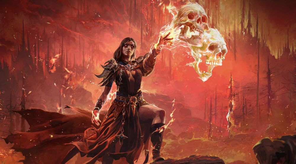 Devant un paysage de foret de pins en feu, se tient une femme blanche brune aux cheveux long et aux yeux rouges. Une jambe en avant posée sur un rocher, elle est vêtue d'une robe en cuir décolletée , avec des épaulettes métallique aux formes agressives.  De sa main tendue au-dessus de sa tête sortent deux crânes composés de feu.