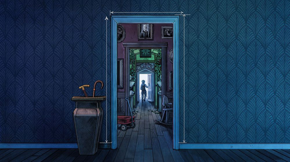 Un artwork dessiné en style comics. Un mur de papier peint à motifs bleu, ouvert d'une porte au milieu. Cette porte s'ouvre sur une autre porte, au mur violet. Elle-même s'ouvre sur une autre porte, au mur vert, qui s'ouvre sur une autre porte, poussée par un enfant, au mur bleu. Des tableaux et statues décoratives ou plantes vertes trainent ça et là.