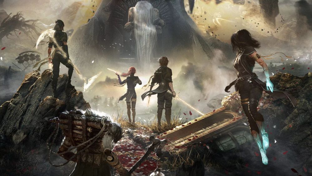 Un artwork du jeu Clair Obscur : Expedition 33. Les personnages regardent vers une montagne.

