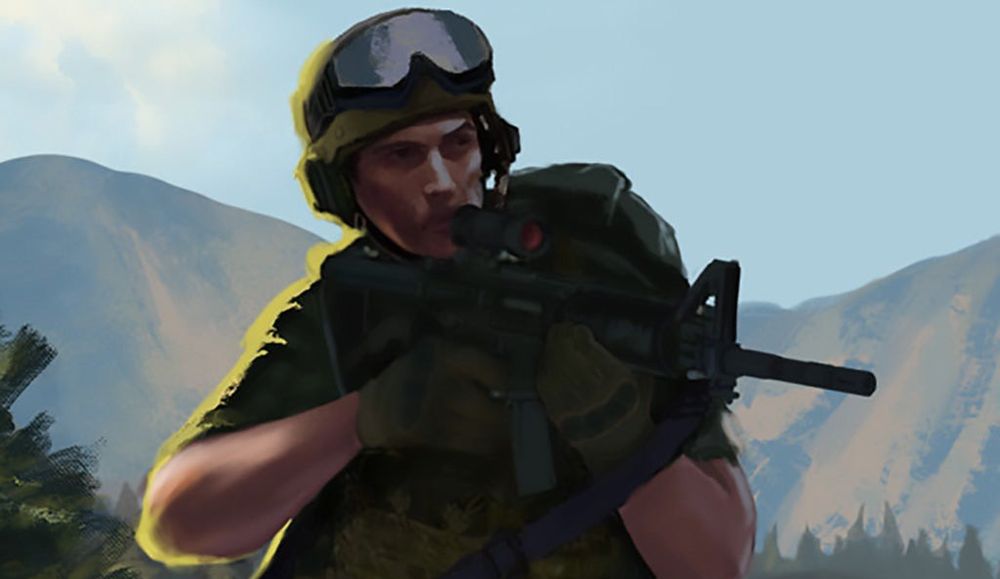 Un artwork à la peinture floue. Un soldat casqué tient son fusil à lunette devant lui, devant un paysage montagneux (le Puy-de-Dôme ?) 