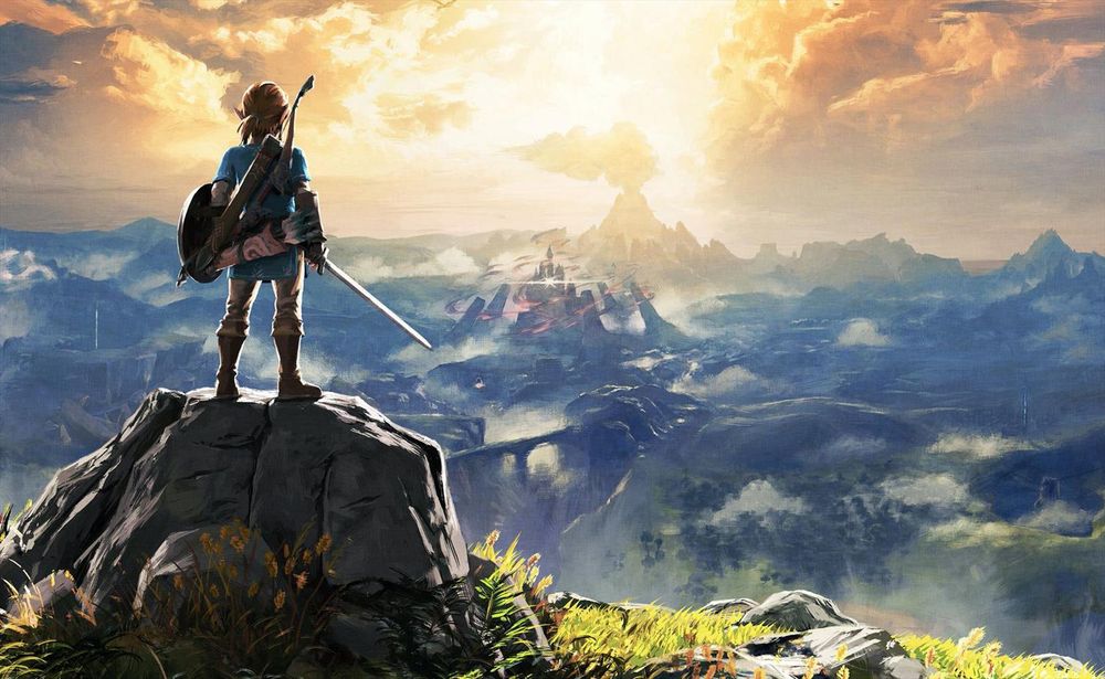 Un artwork de Zelda Breath of the Wild. Zelda, le héros du jeu habillé en vert, tient son épée. Du haut d'une colline, il contemple les plaines de Kanto, en se demandant comment il va bien pouvoir attraper tous ces Digimons sauvages. 