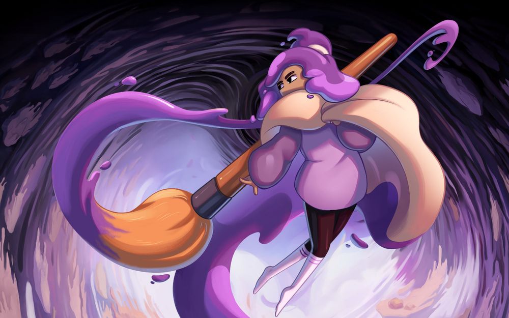 Un dessin. Une femme aux cheveux en gouache violette manie un pinceau comme une arme.