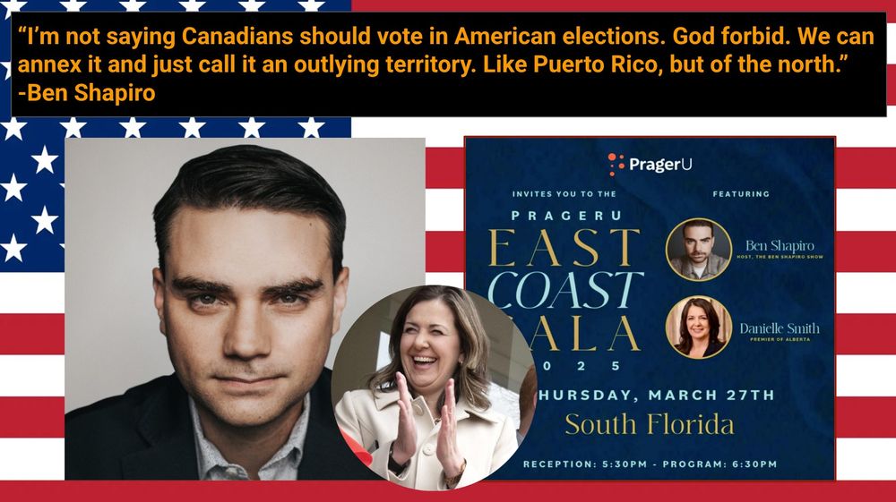 Image of creepy kid-like Ben Shapiro with his quote "I’m not saying Canadians should vote in American elections. God forbid. We can annex it and just call it an outlying territory. Like Puerto Rico, but of the north."

Image 2: A giddy Smith applauding like a moronic seal

Image 3: image of far right event on March 27th in which she and American far right numbskull Ben Shapiro are featured