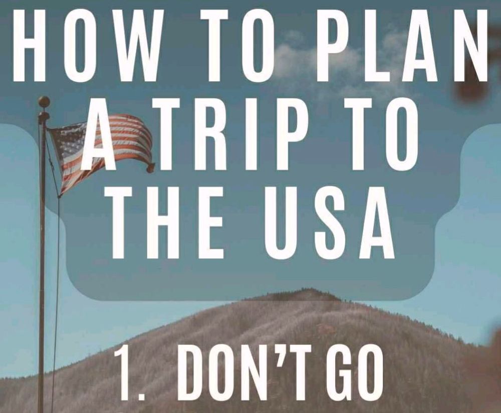 American flag with ahill back drop, content reads

"HOW TO PLAN A TRIP TO THE USA

1. DON'T GO"
