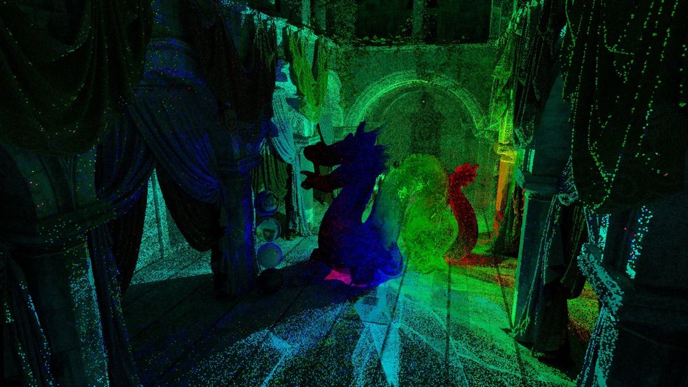 Sponza scene, illuminated by 'physical' photons shot from a point light inside a colored glass dragon. 