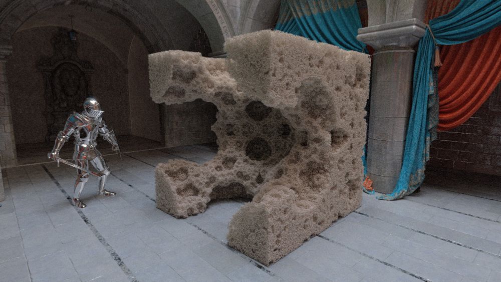 Fractal with a foamy material, planted in the Sponza scene. Path-traced in my toy renderer.