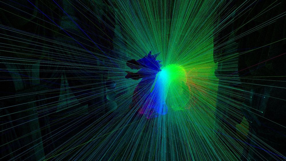 Sponza scene, illuminated by 'physical' photons shot from a point light inside a colored glass dragon. Showing the traced paths.
