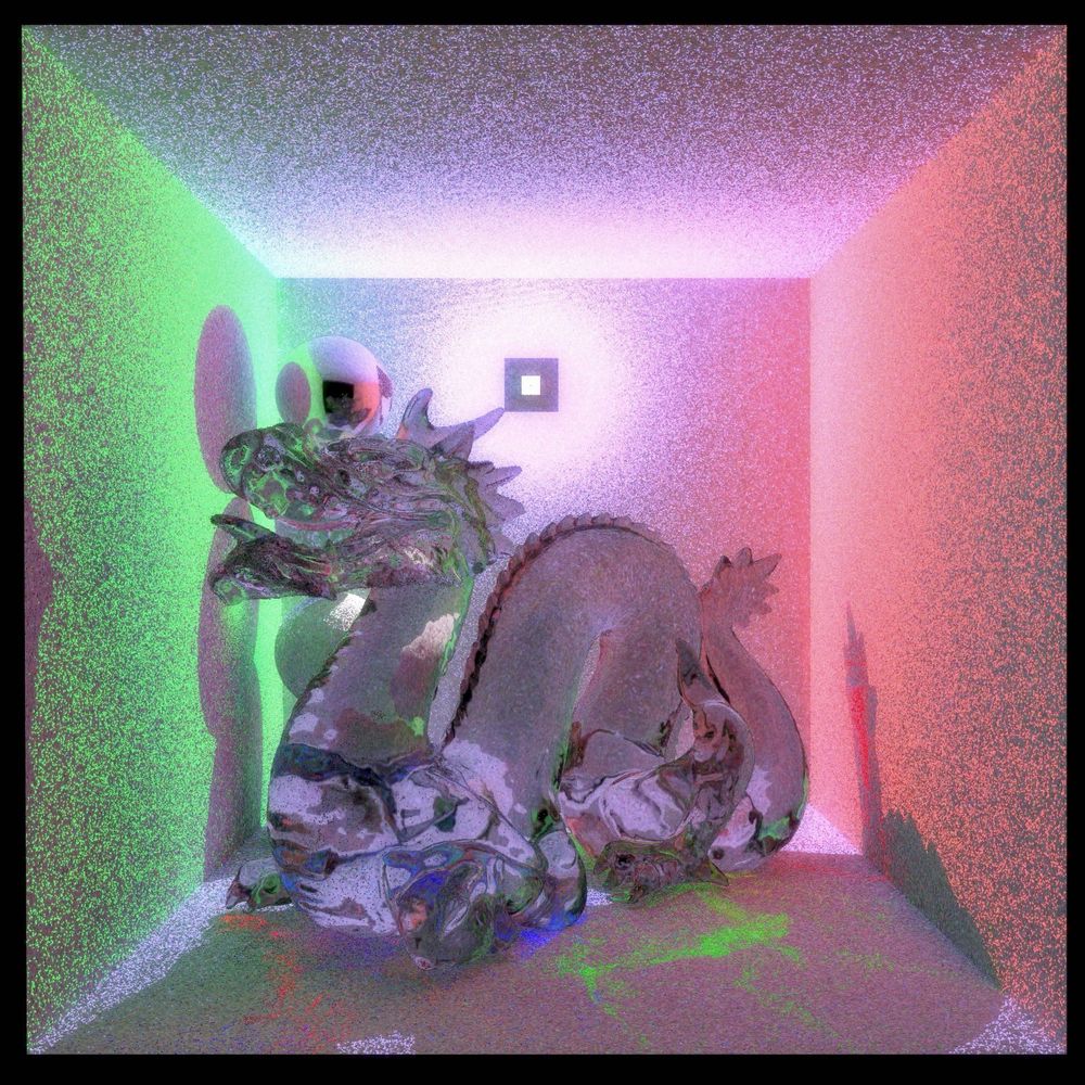 A single small area light on the back wall is shooting photons into the scene, bouncing through the colored glass dragon and hitting the walls and floor. This is showing just the final photon positions and flux.