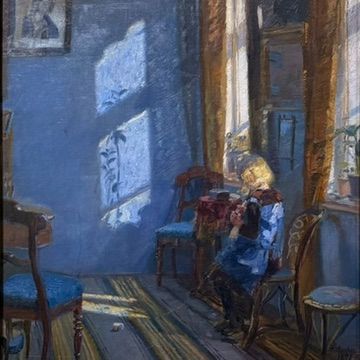 Sunlight in the Blue Room, by Anna Ancher, 1891. Painting shows a seated girl in blue dress in a blue room with sunlight streaming onto the wall