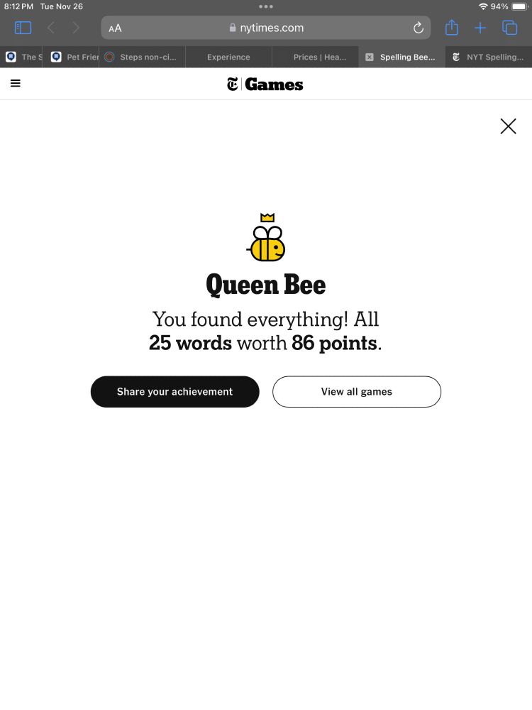 I won Queen Bee in New York Times Spelling Bee 