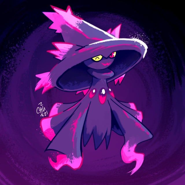 Mismagius, a Ghost Pokemon that looks like a little sphere with a witch hat and a flowing with robe. It has ghostly fire accentuating the edges of its robe and hat, and has a necklace of three little red jewels. It has a happy face with a lil spooky jagged smile.