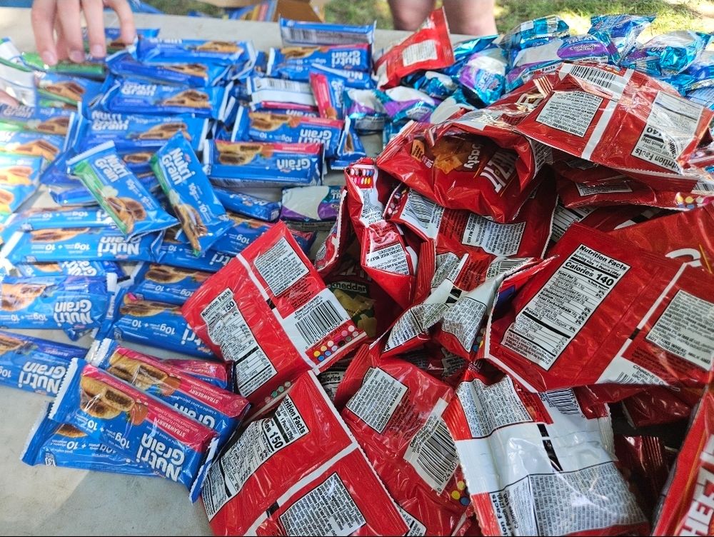 A pile of snacks on a table