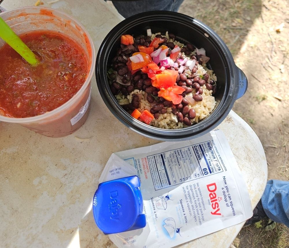 Taco bowl, salsa, and sour cream
