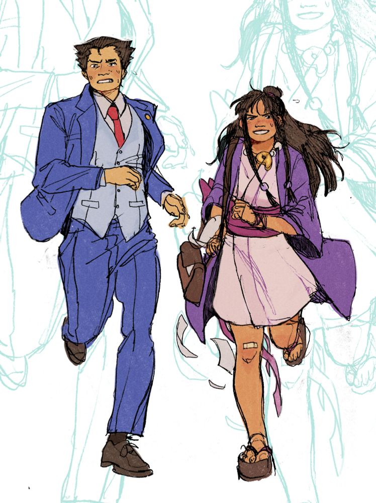 a full-body pencil drawing of phoenix wright and maya fey from ace attorney, colored digitally. they're running towards the viewer and appear disheveled and sweaty. on the left, phoenix looks concerned and somewhat panicked, as if they're late for something. to his right maya looks more positive and determined, though she carries a brown satchel from which loose papers fall out and are left behind them, unnoticed. in the background the lineart has been copied and enlarged, and can be seen in a faint blue over a white background.