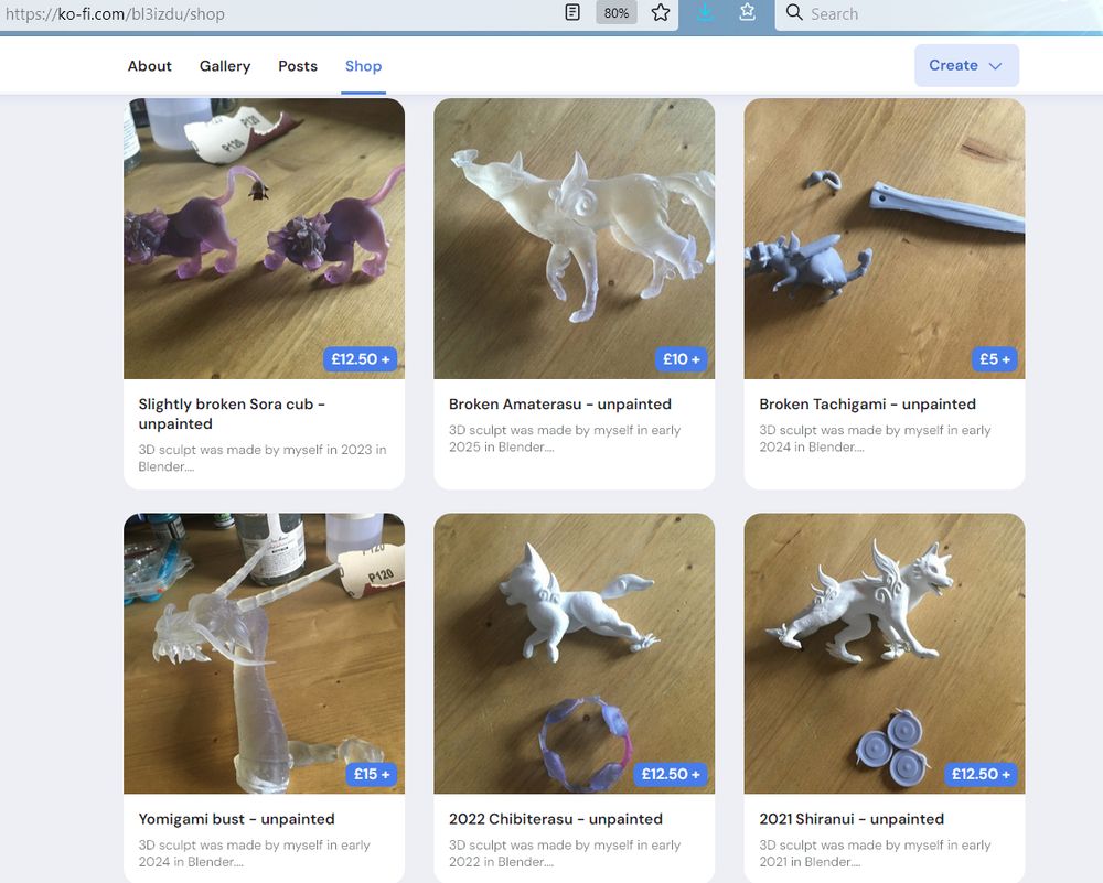 Photo of my Ko-Fi shop with very cheap, unpainted prints. Most of them are failed prints hence the very cheap prices. Sora cub from Kingdom Hearts 2, Amaterasu, Tachigami, Yomigami and Shiranui from Okami. Chibiterasu from Okamiden.