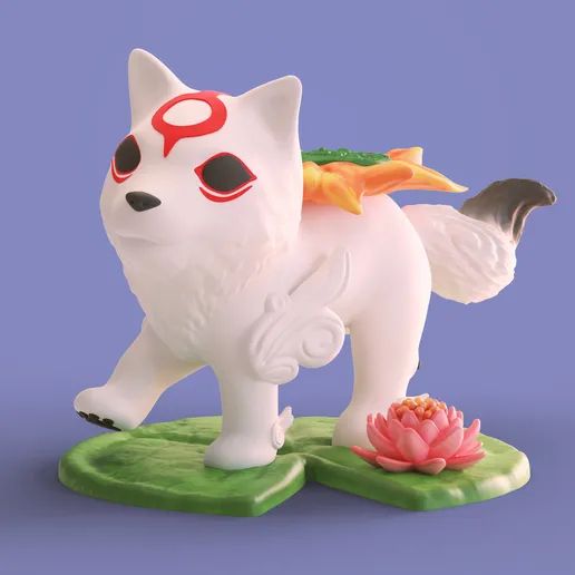 Fanmade 3D model of a chibi Amaterasu on a lilipad by Hirama on Culpts3D