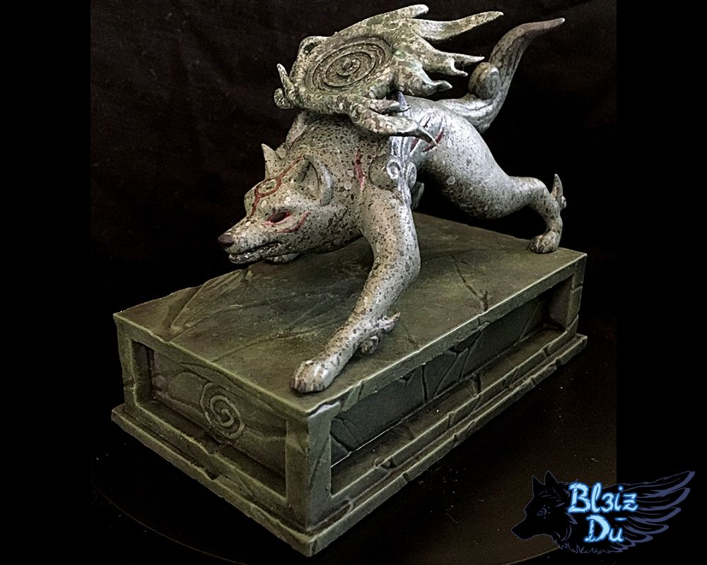 Figure of Amaterasu from Okami standing on a pillar, ready for attack. Stone-like skin.