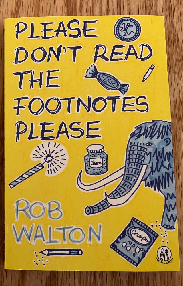 Yellow cover of ‘Please don’t read the footnotes please’ with blue cartoon illustrations inc mammoth, sweets etc 
