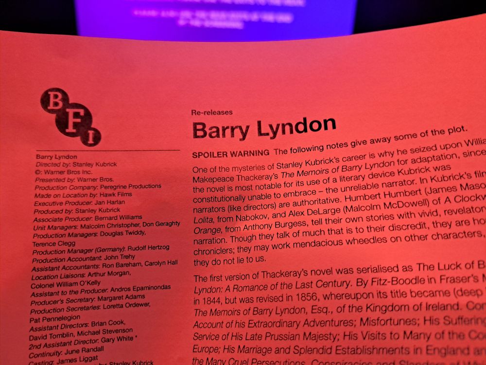 Photo of BFI leaflet about the re-release of Stanley Kubrick's film "Barry Lyndon"