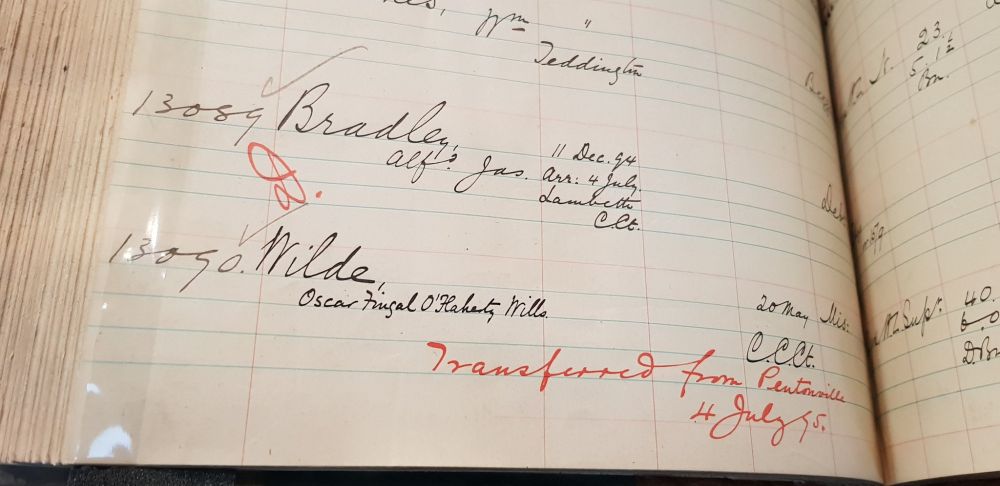 Photograph of Wandsworth Prison register recording Oscar Wilde's transfer from Pentonville Prison 4 July 1895