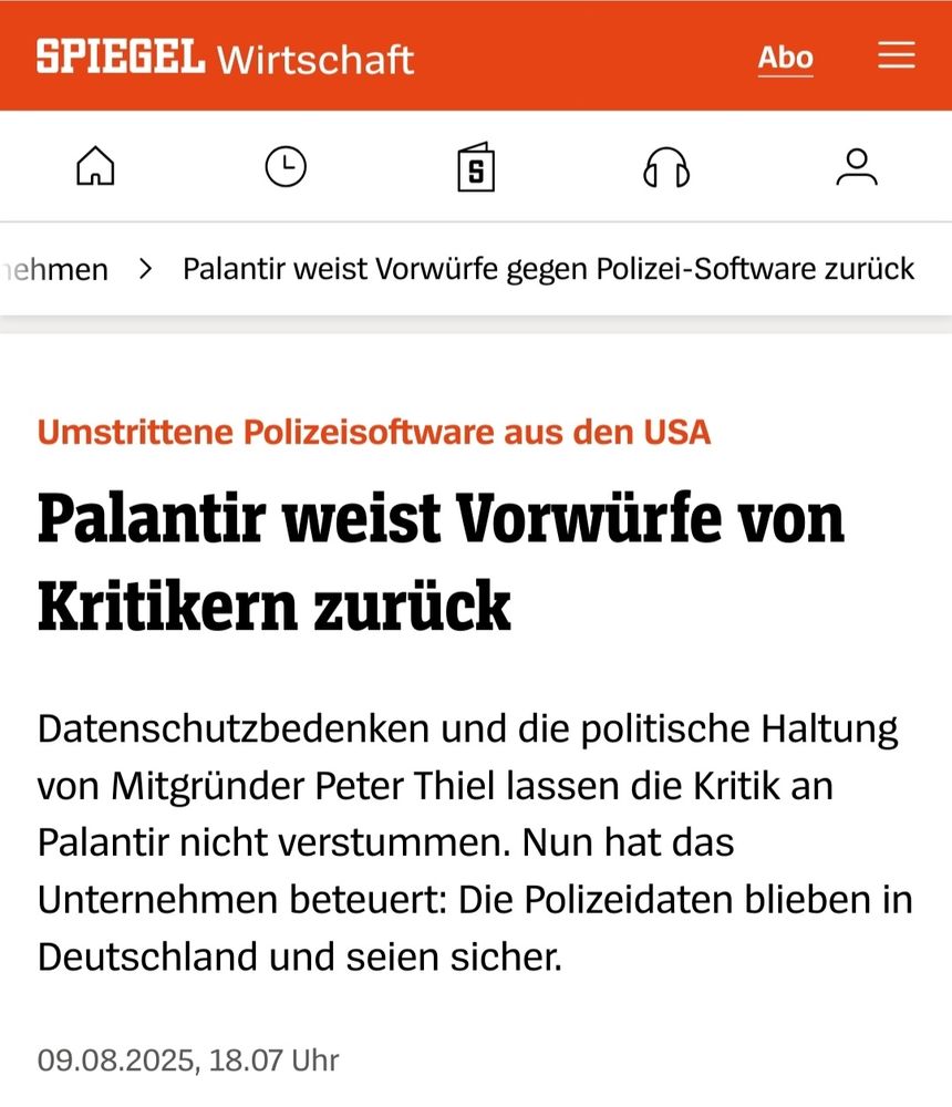 Screenshot der Palantir False Flag Behauptungen an dpa bei Spiegel online